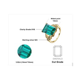 JewelryPalace Emerald Cut 6ct Simulated Emerald Solitaire Cocktail Rings for Women, Green Gemstone 925 Sterling Silver 14k Yellow Gold Plated Ring, Gemstone Ring for Women Jewelry Set 8