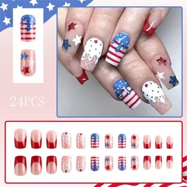24Pcs 4th of July Press on Nails Medium Square Acrylic Nails Cute Fake Nails with Red White Stripes Star Designs Gloss Glue on Nails False Nails Ice Cream Stick on Nails for Women Girls