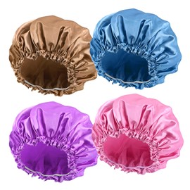 Shower Cap, Shower Cap Reusable Waterproof Washable for Women, Elastic Large Shower Cap for Long Hair, 4 Pcs Double Waterproof Layers Hat for Bath (Black)