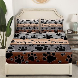 Cat Dog Paws Bed Sheet Queen Set Gray Brown Vintage Wood Sheets Sets Adults Bedroom Decor Animals Footprint Microfiber Bedding Set with Flat,Fitted Sheet,2 Pillow Cases