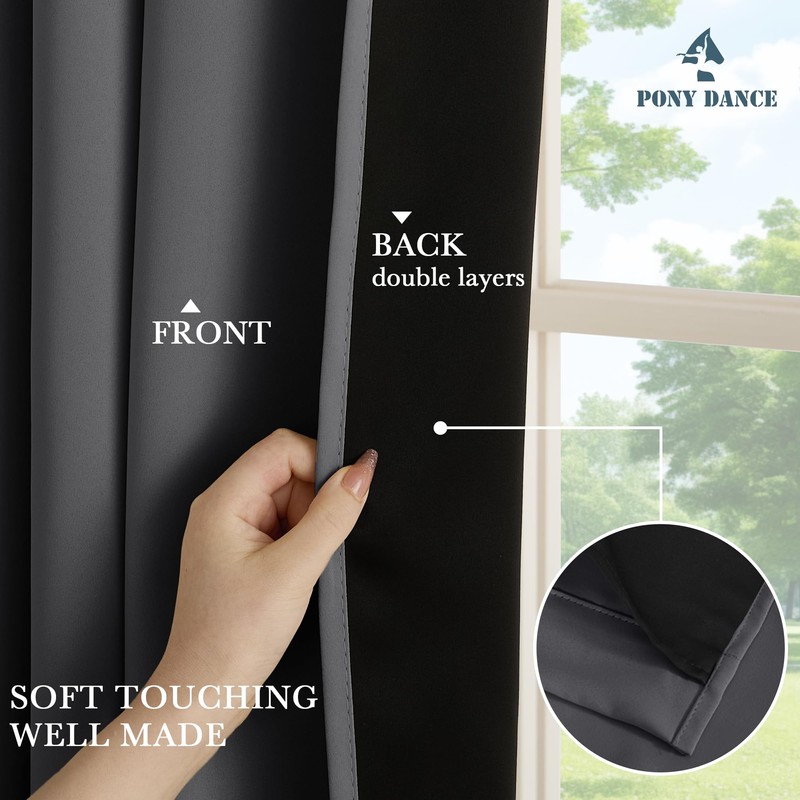 PONY DANCE 100% Blackout Curtains, Thick Double Layer Light Blocking