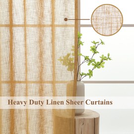 L.Z.E Gold Sheer Curtains for Living Room, 72 Inch Length, Light Filtering Elegant Faux Linen Curtains, Burlap Textured Grommet Window Drapes for Bedroom Dining Room Farmhouse, Set of 2 Panels