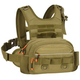 QualyQualy Fishing Chest Pack Utility Running Vest Tactical Chest Pounch Fly Fishing Pack for Sports Outdoor with Compartment Adjustable Strap (Khaki)