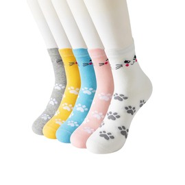Women's Cute Cat Print Cotton Ankle Socks, Blue Yellow Pink, Soft Stretchy Paw Pattern Design, Comfortable Elastic (cat)
