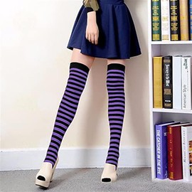 acdiac Women Striped Thigh High Socks&Gloves Rainbow Soft Knee Long Stocking Fingerless Gloves Tube Socks For Short Skirt Party-BlackPurpleStriped-OneSize