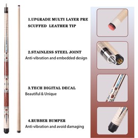 Walkerby 58" Professional Pool Cue Stick Set- Canadian Maple Shaft with Irish Linen Wrap, 13mm Leather Tip, Brass Joint; Includes Glove Cue Bag (Red & White)