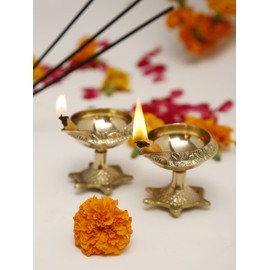 DreamKraft Brass Handmade Engraved Design Kuber Diya (Oil Lamp) with Turtle Base for Puja Home Décor (Set of 2)