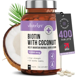 VitaBright Biotin Hair Growth Vitamins | 12000mcg | 400 D-Biotin Tablets with Coconut | Vegan Hair Vitamins for Women and Men | High Strength | Vitamin B7