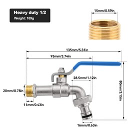 AIMEKE Premium 1/2 Inch Tap Garden Brass Ball Valve Outdoor Frost-Proof Outlet Tap with 1 Hose Connections + 2 Drum Sealing Tape for Garden Washing Machine Rain Butt