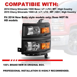 ISHARINGAUTOPARTS Headlight Assembly Compatible with 2014 2015 Chevy Silverado 1500 Replacement Headlamp Black Housing Amber Corner