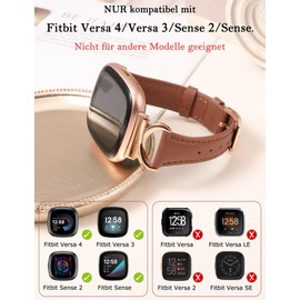 TOYOUTHS Leather Bracelet Compatible with Fibit Versa 4/Versa 3/Sense 2/Sense Women's Bracelet, Slim Elegant Dressy Bracelets with C-Shaped Buckle for Versa 4 3 Sense 2, Brown/Rose Gold