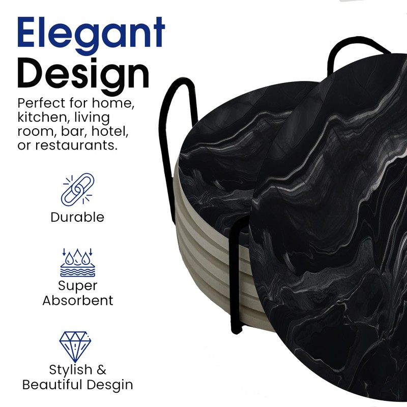 Dark Black Marble Round Coasters Set of 6 - Abosrbent