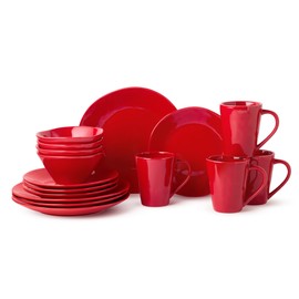 Berry Red Christmas 16pc Dinnerware Set, Stoneware Holiday Tableware Service for 4 with Plates, Mugs & Bowls, Mix and Match with Holly and Vines for a Festive Christmas Table