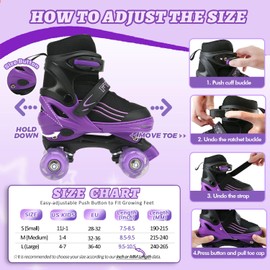 HXWY Kids Roller Skates for Boys Girls Child, Adjustable 4 Sizes Roller Skates for Adult and Youth with Light Up Wheels, Black Purple Patines para niñas for Outdoor Indoor Sports (Medium-Big Kid (1-4)