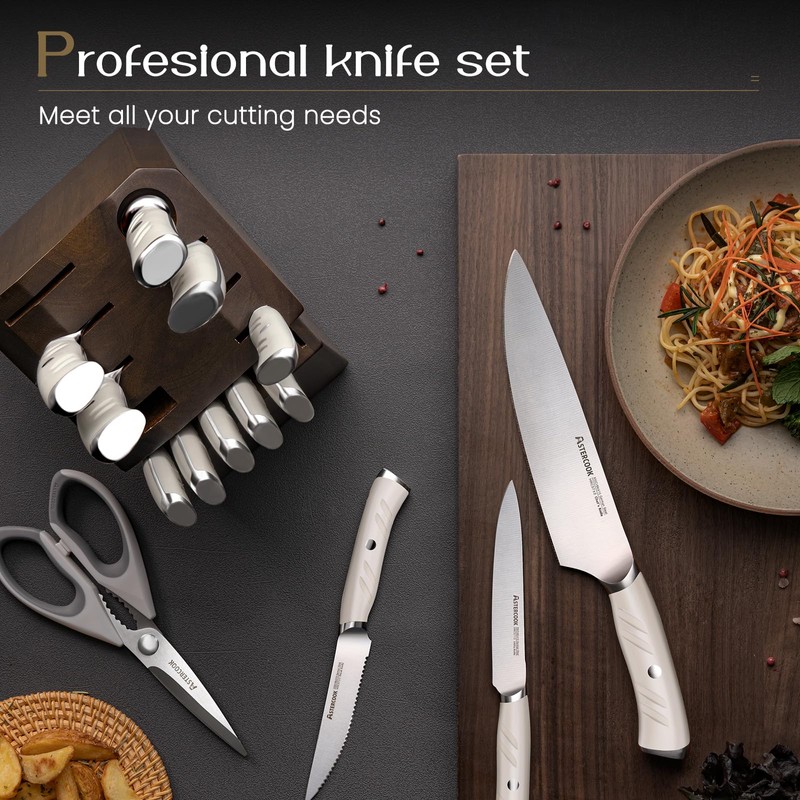 Knife Set, Astercook Kitchen Knife Set with Block, 15 Pcs