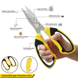 SOXUI 8-Inch Heavy Duty Scissors – Ultra Sharp Stainless Steel Shears with Serrated Edge & Protective Cover, Ideal for Cardboard, Wire, Fabric & More (Yellow)