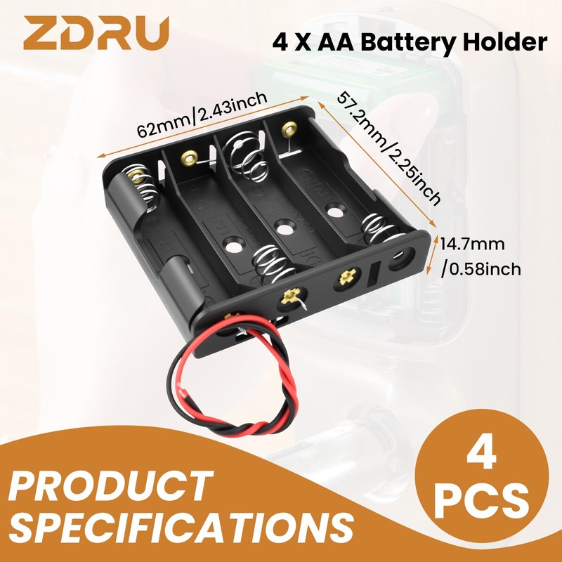 ZDRU 4 AA Battery Holder with Leads, 6V (4x1.5V) Thicken