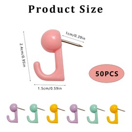 50 Pcs Push Pin Hooks, Multicolor Thumb Tacks with Plastic Heads, Decorative Wall Hooks for Cork Bulletin Board, Map, Photo, Calendar, Home Office School Supplies