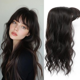 Hair Topper, 360° 3D Hair Toppers for Women with Thinning Crown, 20 Inch Long Wavy Curly Hair Pieces Clip in Bangs (Brown Black, 20 inch, French Bangs)