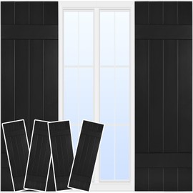 4 Packs Of Vinyl Shutters for Windows Outside,14.5" X 47",Black,Easy Installation,No Drilling Required,Paintable,Screws Included,Board and Batten Exterior Louver Window Shutters,Black Shutters