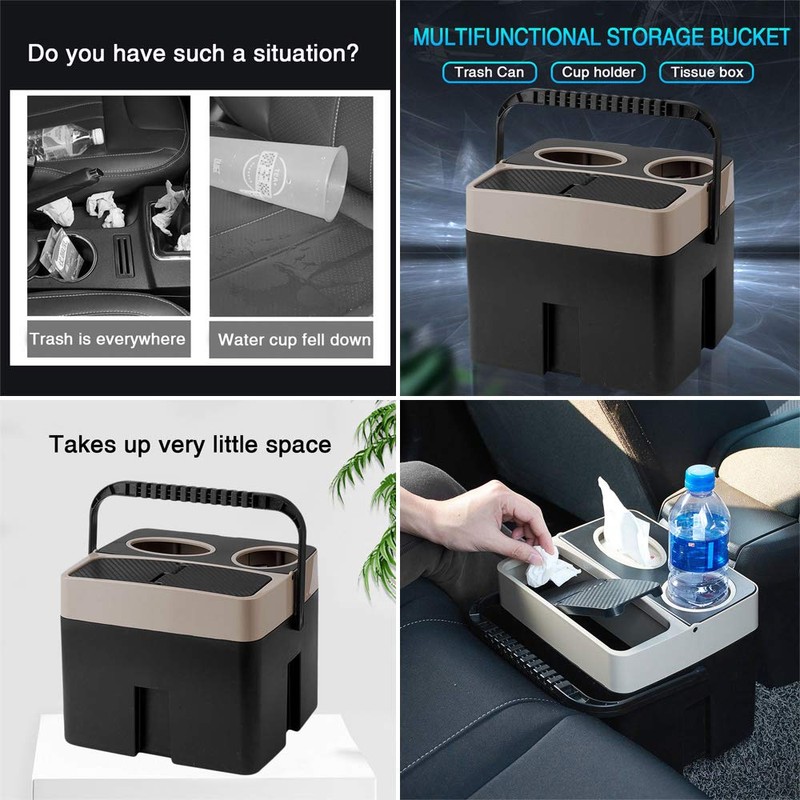 ATMOMO Beige Multi-function Storage Bucket Organizer Car Trash Can Cup