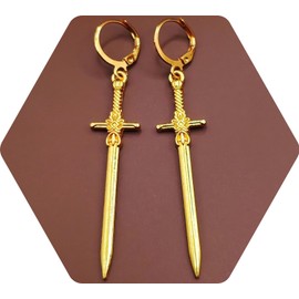 bySantana - 5cm Gold Schwert Ohrringe mit Creolen, Handgefertigt Fantasie Schmuck, Coole Geschenkidee, Mittelalter Dolch Ohrhänger
