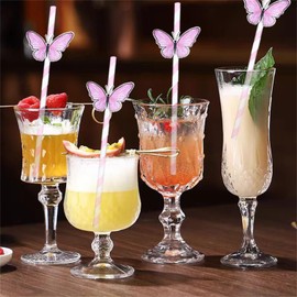 HQKJGSYX 20pcs Butterfly Stripe Paper Straws Anti Wrinkle Straw Butterfly Floral Decor Disposable Party Straws Drinking Straws Set for Valentine's Day Brithday New Year Party Decoration Supplies