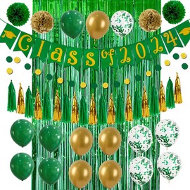 ssailue decor Green and Gold Class of 2024 Graduation Party Decorations Banner, Paper Pompoms, Foil Fringe Curtain, Graduation Party Balloons