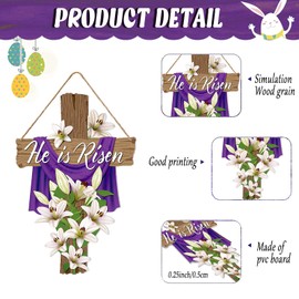 JUESMOS He is Risen Door Decorations 13.8"x9" Easter Religious Cross Sign Easter Christian Lily Flowers Easter Decor Jesus Hanger for Front Door Home Porch Wall Spring Decorations Easter Party
