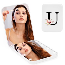 BUGARORE Espejo compacto con inicial personalizado para bolsos, letra U floral de viaje, espejo compacto, 1x/2x espejo de bolsillo de aumento con luz para mujeres y niñas, regalo del día de San