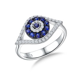 DAYBYDAY 925 Sterling Silver Evil Eye Ring Moissanite Sapphire Spiritual Turkish Blue Evil Eye Rings Protection Ring Jewelry for Women Size 7