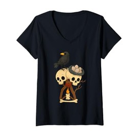 Womens Cute Crow Skull Cartoon V-Neck T-Shirt
