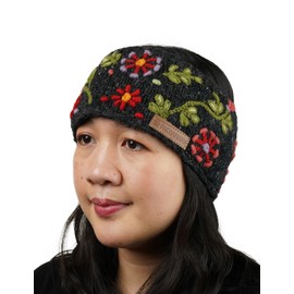 Women Wool Ear Warmer Headband Fleece Lined Handknitted Flower Embroidery Multicoloured One-Size Handmade Pachamama Fair Trade