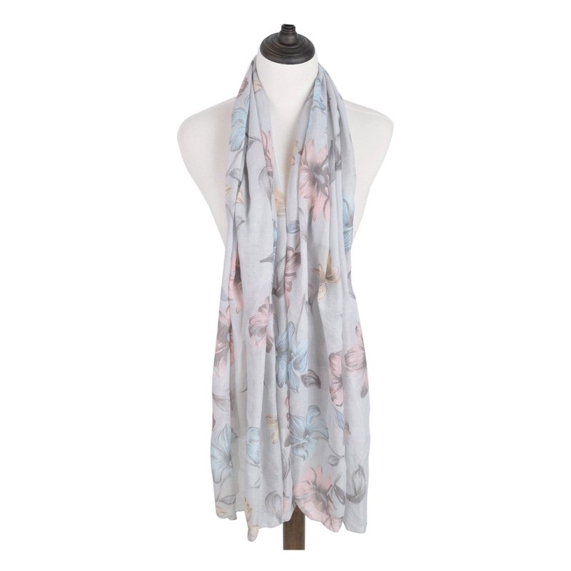 Elegant Viscose Artistic Floral Print Fashion Scarf Wrap, Grey