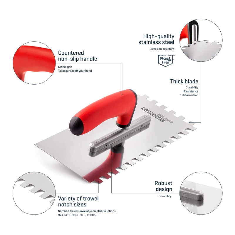 COMENSAL Notched Tiling Trowel 0.5"- Plastering Notched Trowel - Stainless