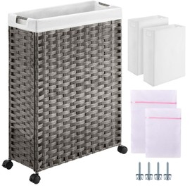 Greenstell Laundry Hamper with Wheels, 17.4 Gallon (66L) Slim Laundry Basket with 2 Removable Liner Bags & 2 Mesh Bags, Narrow Rattan Clothes Hamper for Bedroom, Laundry Room, Bathroom, Grey