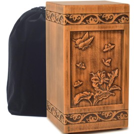 engmvwod Handmade Wooden Engraved Urn for Human Ashes Adult Male Female Satin Bag Cremation urns Box (Butterfly(250lbs))