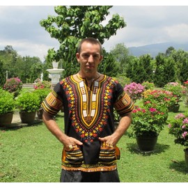 RaanPahMuang Brand Unisex Bright African Black Dashiki Cotton Shirt, X-Large, Yellow and Orange