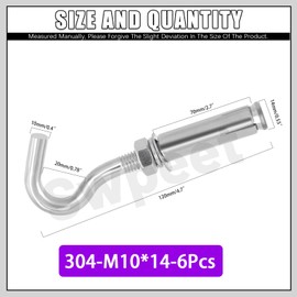 Swpeet 6Pcs M10 Stainless Steel Open Cup Hook Expansion Screws Bolts, Heavy Duty Concrete Wall Hook Anchors, Expansion Hook, Ceiling Hook Bolts, Metal Wall Hangers for Concrete Wall