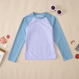 Ritatte Girls Rash Guard Swimsuit 2 Pieces Stripe Bathing Suit Long Sleeve Rashguard Beach Shorts Summer Swimwear 7-12T(Light Blue,11-12T(160))