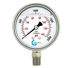 CARBO Instruments 2" Pressure Gauge, Stainless Steel Case, Chrome Plated Brass Connection, Liquid Filled, 0-2000 psi/kPa, Lower Mount 1/4" NPT