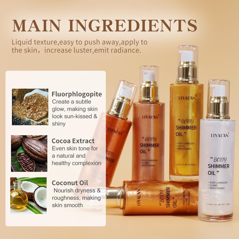 Liyalan Shimmer Body Oil 5 Color Gold 3.38 Fl Oz