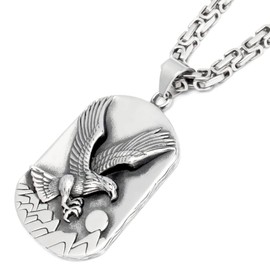 Schmuck-Checker XL Eagle Dog Tag with Byzantine Chain Made of 316L Stainless Steel Bird Mountains Sun Large Plaque Polished Silver Men's Gift Necklace, Stainless Steel