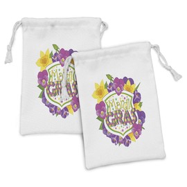Ambesonne Mardi Gras Fabric Pouch Set of 2, Blazon with Flourishing Colorful Flowers Coat of Arms Masquerade Holiday Theme, Small Drawstring Bag for Toiletries Masks and Favors, 9" x 6", Multicolor