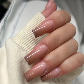 Press on Nails Coffin Fake Nails Nude Glue Nails with Gradient Design Glossy Shiny Reusable Full Cover Artificial Acrylic False Nails Press on Nails for Women Girls 24Pcs