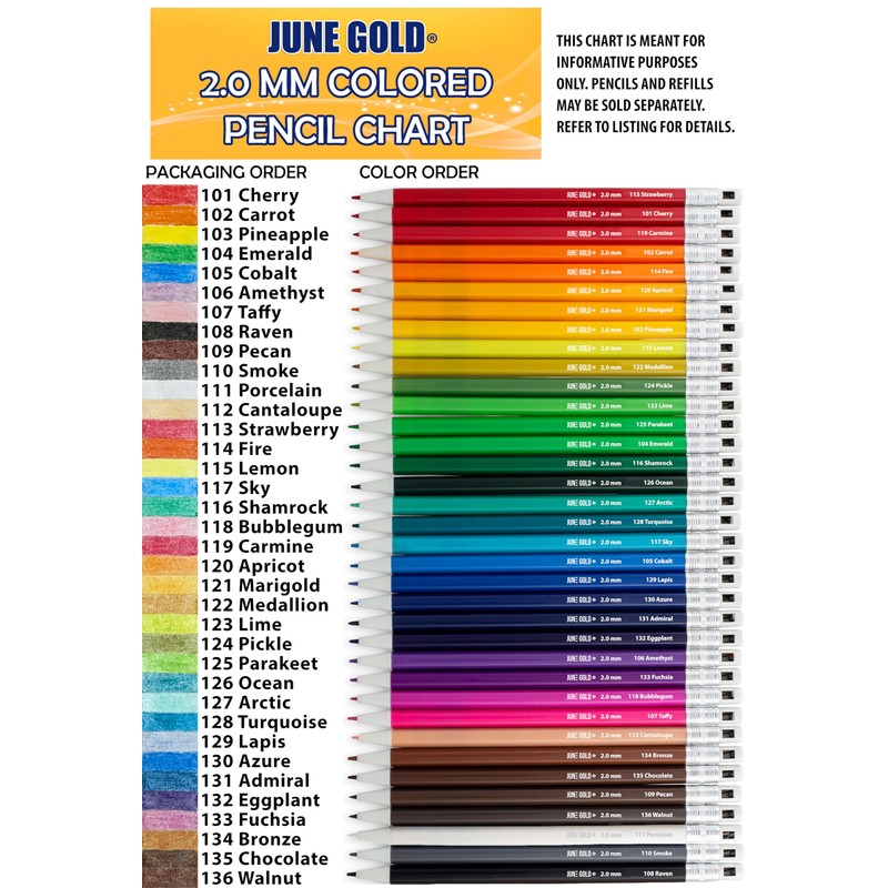 June Gold 36 Coloured Lead Refills, 2.0 mm Extra Bold,