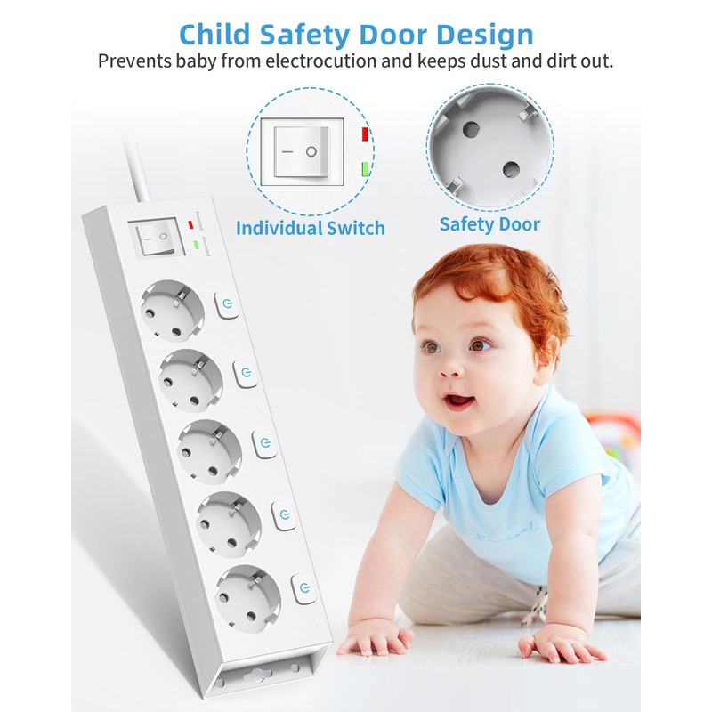 Power Strip Individually Switchable, 5-Way Multiple Socket Wall Mounted with