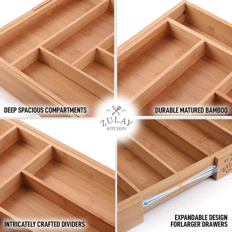 Zulay Expandable Bamboo Drawer Organizer - Adjustable Kitchen Drawer Organizer