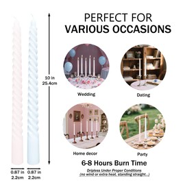 10 Inch 10 Pack Baby Pink and Baby Blue Spiral Taper Candle Set, Unscented Dripless Candlesticks for Dinner Baby Shower Party Brithday Wedding and Home Decoration