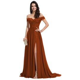 Miao Duo Womens Long Off Shoulder Prom Dress with Split Lace Appliqued Sweetheart Bodice Formal Dresses for Women Party Burnt Orange 14